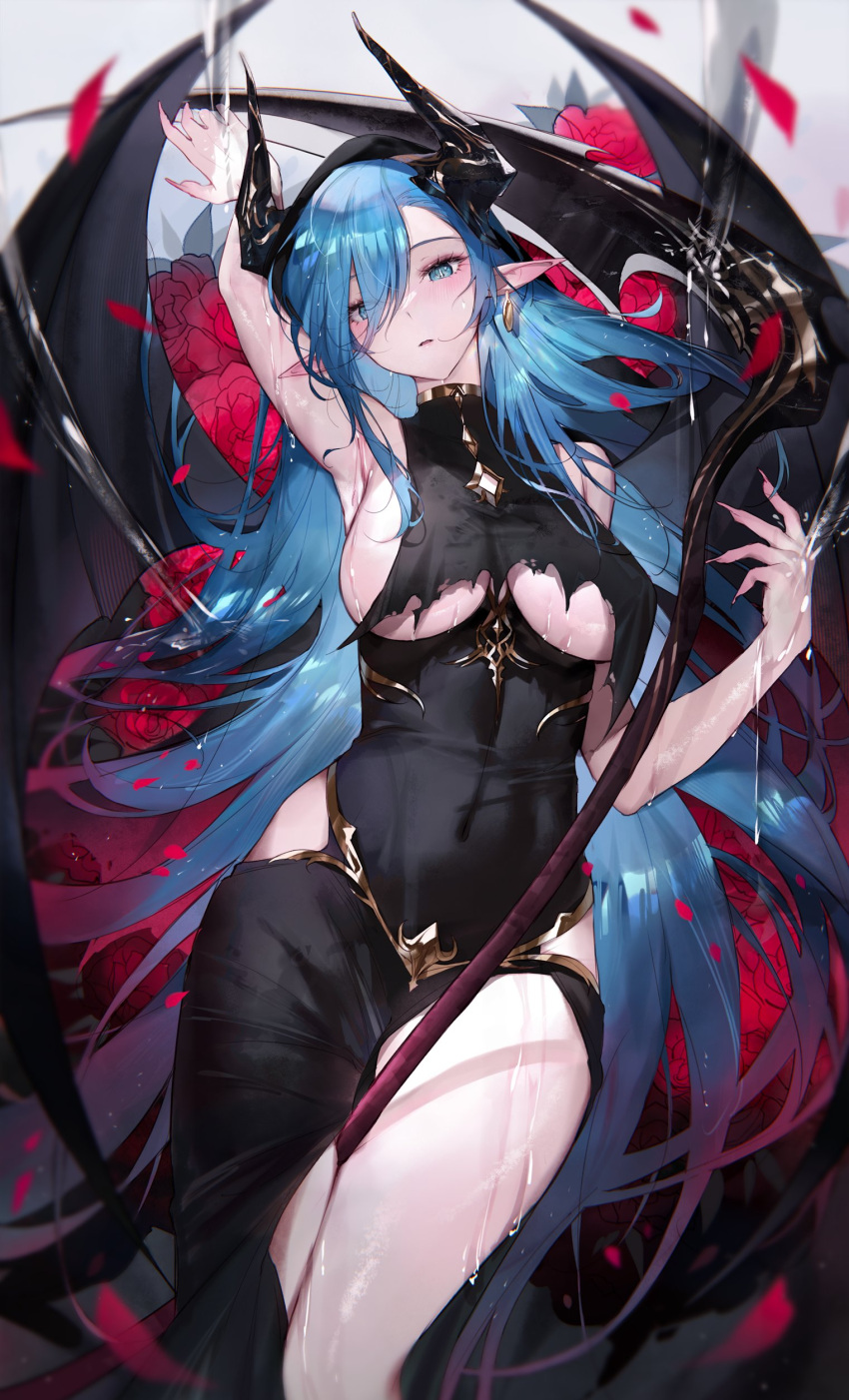 1girl absurdres armpits azur_lane black_dress black_horns black_wings blue_eyes blue_hair breasts covered_navel demon_wings dress flower halloween_costume highres hip_vent horns large_breasts long_bangs long_hair looking_at_viewer mary_celeste_(azur_lane) mary_celeste_(grim_night's_reaper)_(azur_lane) official_alternate_costume parted_lips pointy_ears qiandaiyiyu red_flower red_rose rose scythe solo torn_clothes torn_dress wet wings