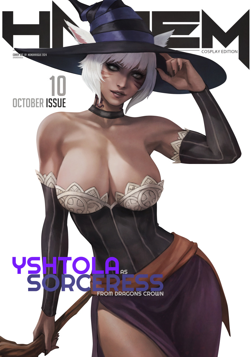 1girl absurdres animal_ears bare_shoulders breasts cat_ears character_name cleavage collarbone cosplay cover dark-skinned_female dark_skin detached_sleeves dragon's_crown dress facial_mark fake_magazine_cover final_fantasy final_fantasy_xiv grey_eyes hat highres large_breasts magazine_cover miqo'te monori_rogue neck_tattoo side_slit solo sorceress_(dragon's_crown) sorceress_(dragon's_crown)_(cosplay) staff strapless strapless_dress tattoo whisker_markings white_hair witch_hat y'shtola_rhul