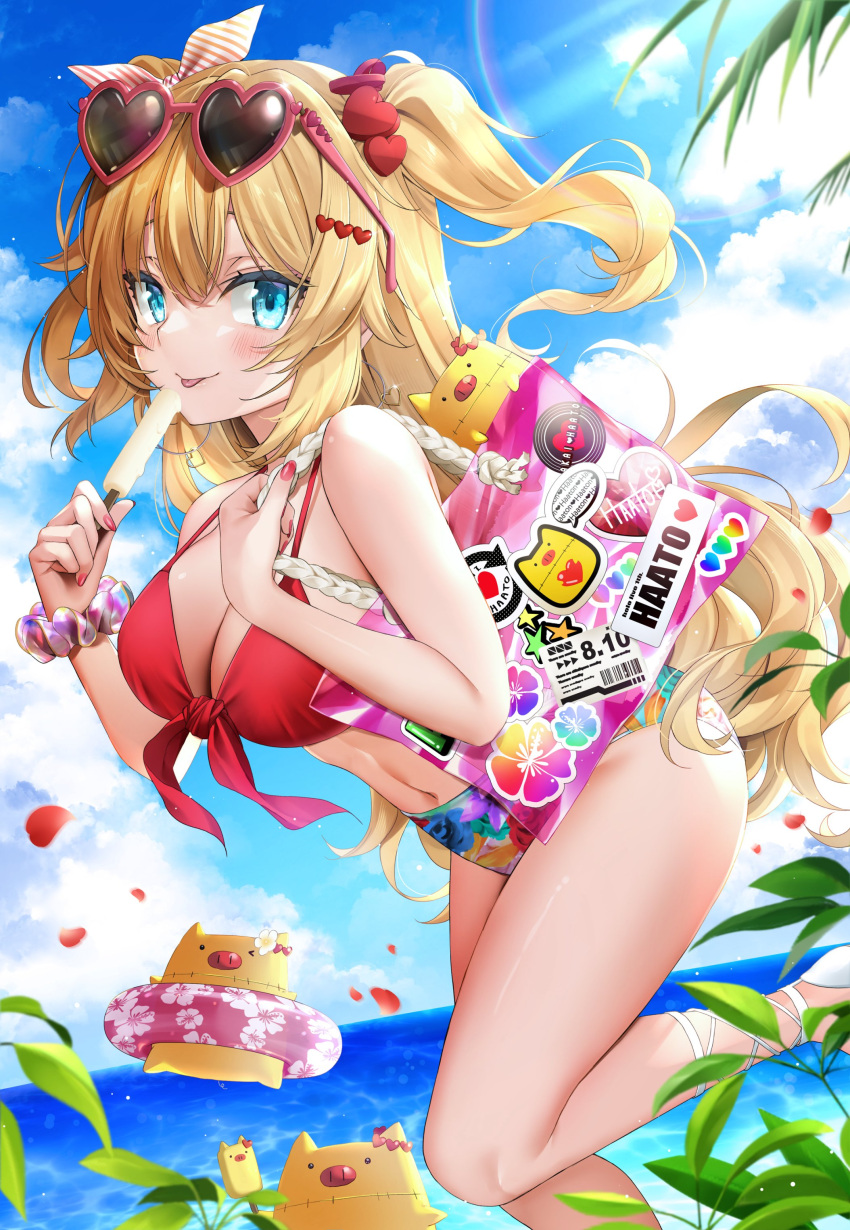 1girl :p absurdres akai_haato bag bikini blonde_hair blue_eyes blue_sky blush breasts cloud day earrings eyewear_on_head falling_petals food haaton_(akai_haato) hair_ornament heart heart-shaped_eyewear heart_hair_ornament highres holding holding_bag hololive hoop_earrings jewelry large_breasts looking_at_viewer makinan outdoors petals popsicle popsicle_stick red_bikini red_nails scrunchie sky solo sticker sunglasses sunlight swimsuit thighs tongue tongue_out two_side_up virtual_youtuber wrist_scrunchie