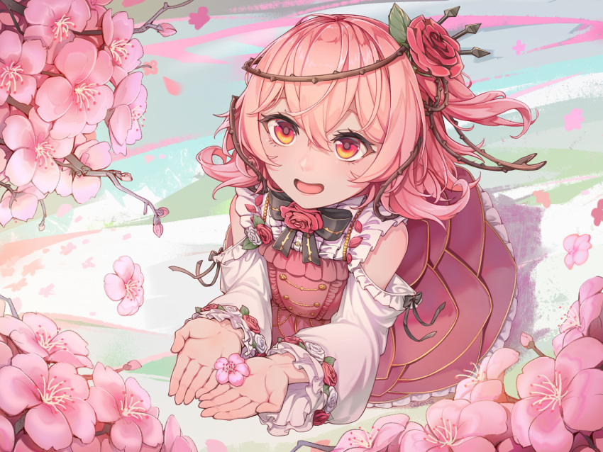 1girl bare_shoulders bow bowtie flower frilled_sleeves frills gsong-chan hair_between_eyes hair_flower hair_ornament highres long_sleeves medium_hair nijisanji nijisanji_en open_mouth orange_eyes pink_flower pink_hair rose rosemi_lovelock side_ponytail smile spring_(season) virtual_youtuber