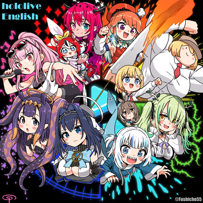 6+girls absurdres animal_ears blonde_hair blue_eyes blue_hair breasts brown_eyes brown_hair ceres_fauna chain choker color_wheel_challenge copyright_name crossed_arms detached_sleeves fushicho gawr_gura gloves green_hair hair_between_eyes hair_intakes hakos_baelz hat heterochromia highres holding holding_microphone hololive hololive_english horns irys_(hololive) jewelry large_breasts long_hair long_sleeves microphone mini_hat mori_calliope mouse_ears mouse_girl multiple_girls musical_note nanashi_mumei necklace necktie ninomae_ina'nis open_mouth orange_hair ouro_kronii pink_eyes pink_hair pointy_ears ponytail purple_eyes purple_hair red_hair sharp_teeth short_hair smile takanashi_kiara teeth tentacles thighhighs tongue tsukumo_sana twintails twitter_username virtual_youtuber watermark watson_amelia white_hair yellow_eyes
