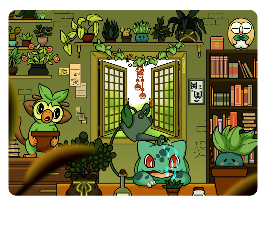 :&gt; absurdres animal_focus artist_name bitsyfoxy blurry blurry_foreground blush_stickers bookshelf brick_wall bright_pupils bug bulbasaur butterfly cactus claws closed_eyes commentary crack cracked_wall english_commentary flower flower_pot grookey highres holding holding_flower_pot no_humans nostrils oddish open_mouth pink_flower plant poke_ball pokemon pokemon_(creature) polaroid potted_plant red_eyes rowlet shelf smile vial vines watering watering_can white_pupils