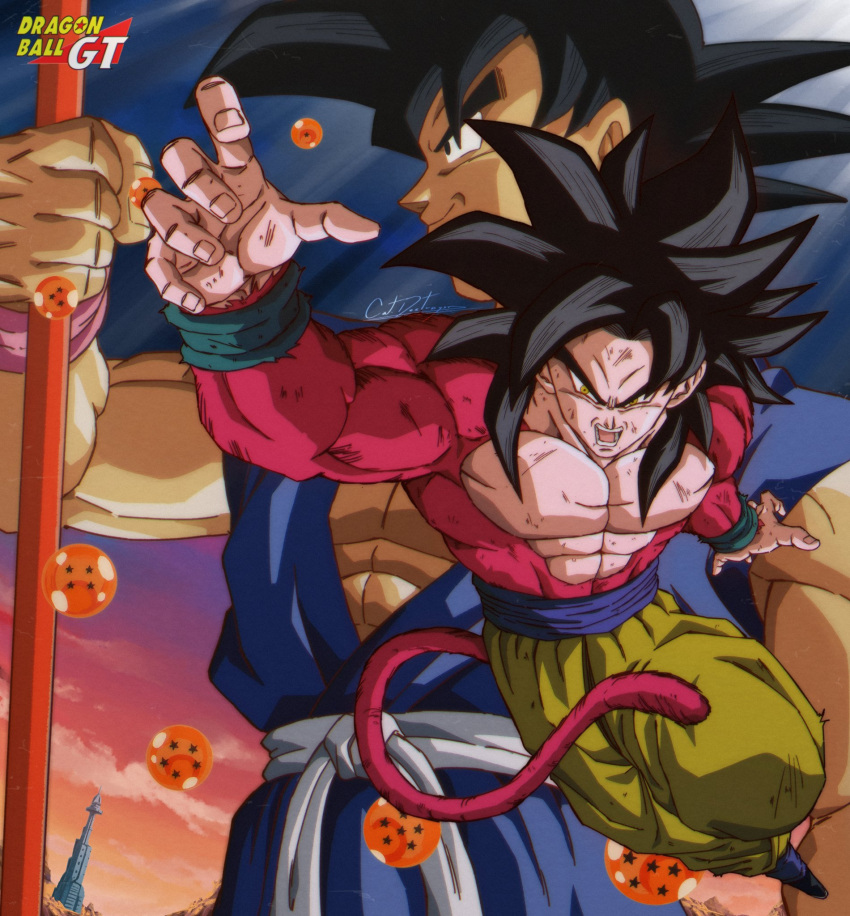 1boy biceps black_eyes black_hair blue_sash body_fur bruise bruise_on_face catdestroyer closed_mouth dark-skinned_male dark_skin dougi dragon_ball dragon_ball_(object) dragon_ball_gt highres injury male_focus monkey_boy monkey_tail muscular muscular_male no_nipples nyoibo pants pectorals red_fur saiyan sash smile son_goku spiked_hair super_saiyan super_saiyan_4 tail tan yellow_eyes yellow_pants