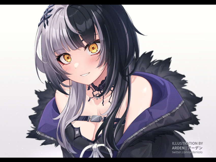 1girl ardenlolo black_choker black_dress black_hair black_jacket breasts choker clenched_teeth dress grey_hair hololive hololive_english jacket looking_at_viewer multicolored_hair open_mouth shiori_novella simple_background smile solo streaked_hair teeth virtual_youtuber white_background yellow_eyes