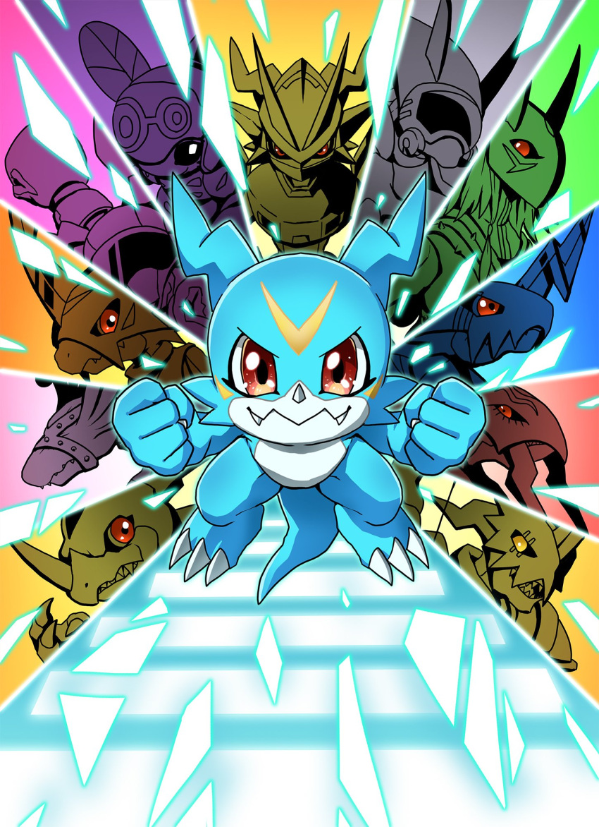 6+others alternate_form armor clenched_hands crest depthmon digimon digimon_(creature) dragon evolution fangs fladramon gargomon goldv-dramon highres honeybeemon horns kangarumon lighdramon looking_at_viewer magnamon mask multiple_others no_humans red_eyes sagittarimon sethmon sharp_teeth shiki_digi teeth v-mon wings yaksamon