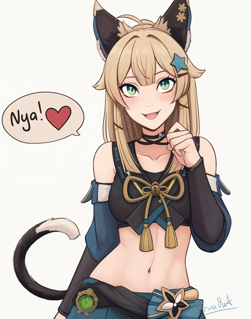 1girl ahoge animal_ears bare_shoulders black_choker blonde_hair brown_tank_top cat_ears cat_girl cat_tail choker collared_vest crop_top desm0nt genshin_impact green_eyes hair_ornament hairclip hand_up highres instagram_username kirara_(cat)_(genshin_impact) kirara_(genshin_impact) long_hair looking_at_viewer midriff navel open_mouth paw_pose smile solo speech_bubble standing stomach tail tank_top vest