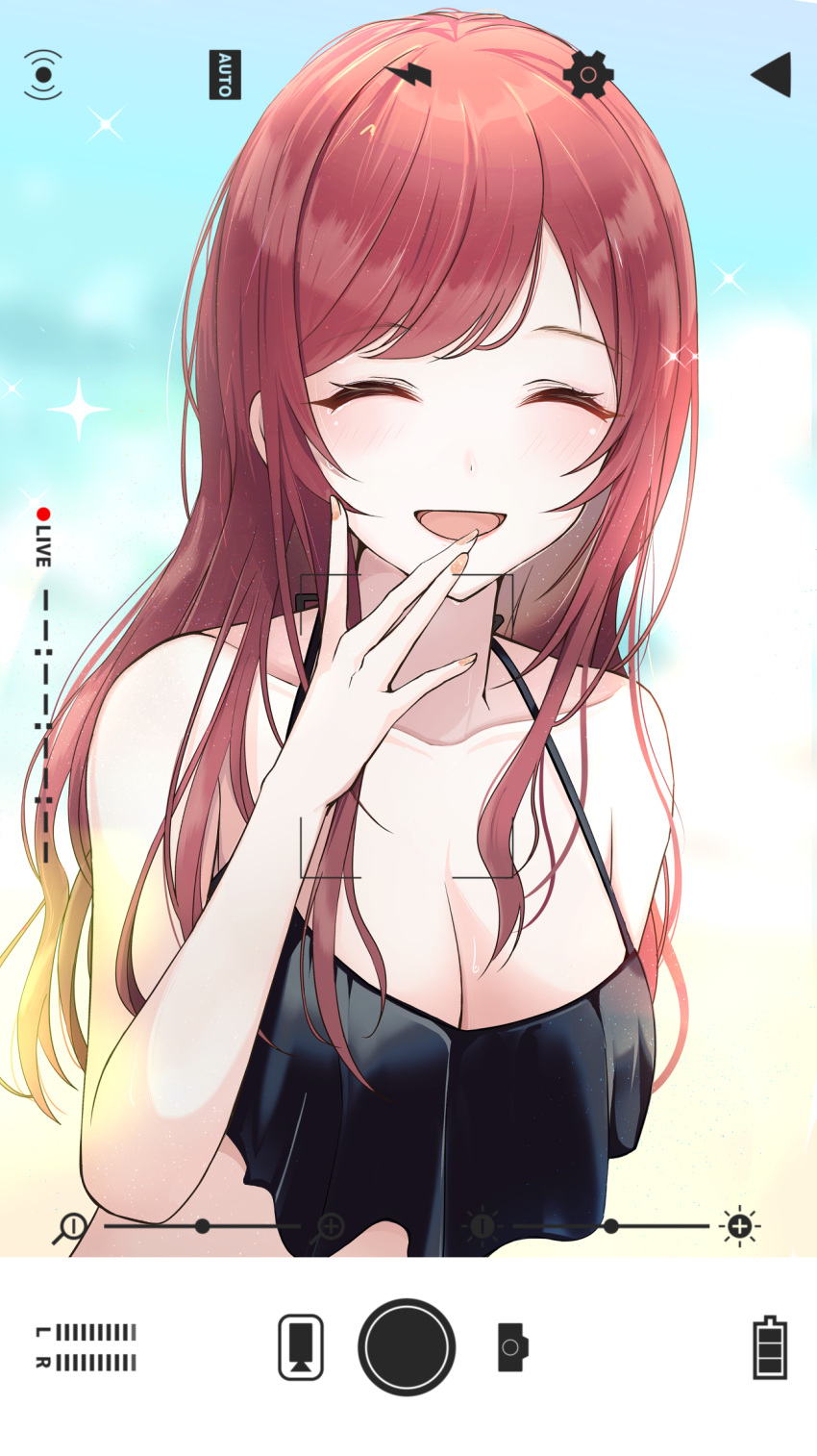 1girl ^_^ bikini black_bikini blush breasts brown_hair cleavage closed_eyes collarbone hand_to_own_mouth highres idolmaster idolmaster_shiny_colors large_breasts looking_at_viewer osaki_amana sikimosh smile solo sparkle straight_hair swimsuit upper_body viewfinder