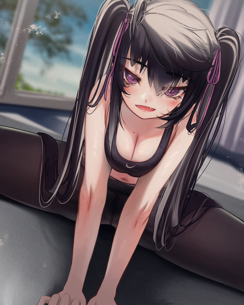 1girl black_hair black_pantyhose black_sports_bra breasts breasts_squeezed_together cleavage fang hair_between_eyes hair_ribbon highres indoors jitome leaning_forward long_hair looking_at_viewer mole navel open_mouth original pants pantyhose priite_hari_(torriet) purple_eyes revision ribbon smile smug solo sports_bra spread_legs stretching tight_clothes tight_pants torriet twintails very_long_hair