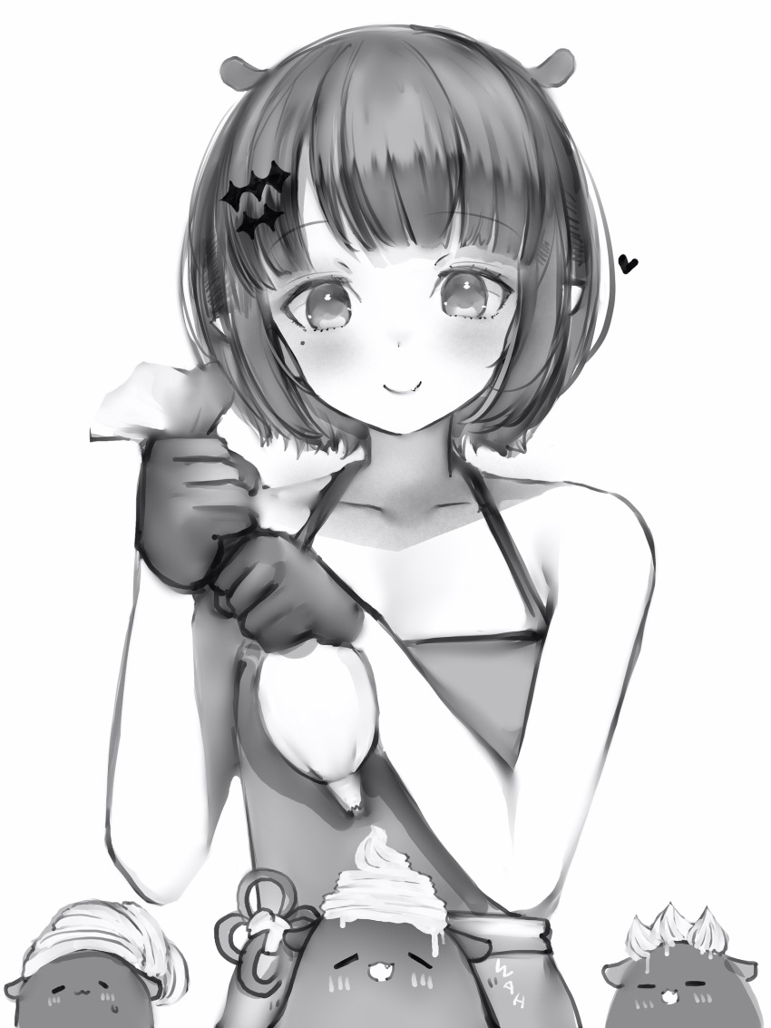 1girl :3 :d =_= absurdres apron bare_arms bare_shoulders blunt_bangs blush collarbone fang gloves greyscale hair_ornament hairclip heart highres hololive hololive_english mole mole_under_eye monochrome nanashi_(nlo) ninomae_ina'nis pastry_bag pointy_ears short_hair simple_background smile takodachi_(ninomae_ina'nis) virtual_youtuber whipped_cream