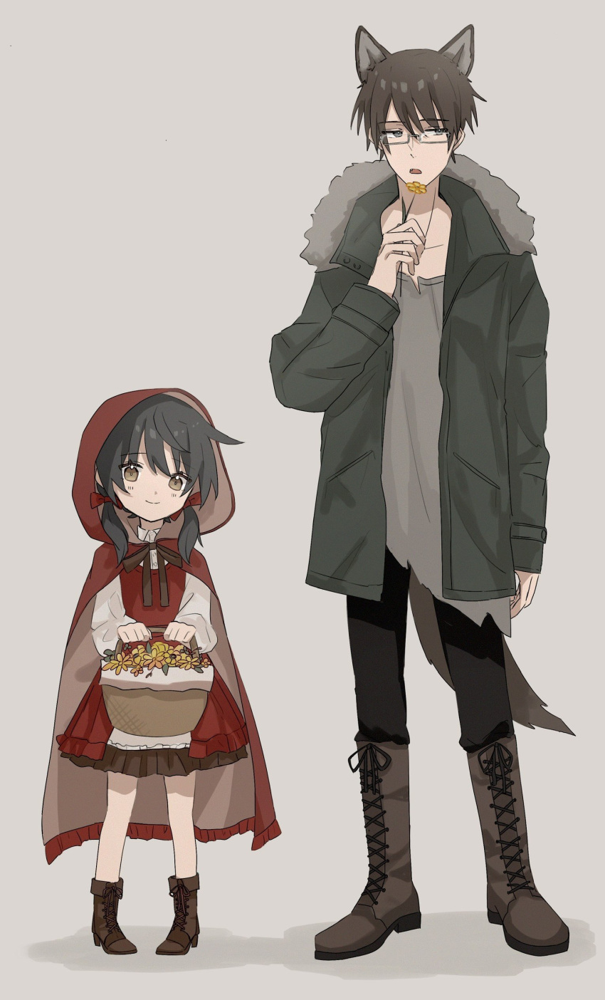 1boy 1girl absurdres ah-software animal_ears ankle_boots basket big_bad_wolf black_hair black_pants boots brown_background brown_eyes brown_footwear brown_hair bucket cape cloak collarbone collared_shirt cross-laced_footwear dress fang flower frilled_cape frilled_cloak fur-trimmed_jacket fur_trim green_jacket hair_ribbon head_tilt highres hiyama_kiyoteru holding holding_bucket holding_flower hood hood_up hooded_cloak jacket kaai_yuki lace-up_boots little_red_riding_hood little_red_riding_hood_(grimm) long_sleeves looking_at_viewer looking_to_the_side low_twintails open_clothes open_jacket open_mouth pants pigeon-toed pinafore_dress r_grey1204 red_cape red_cloak red_hood red_ribbon ribbon shirt short_twintails sideways_glance sleeveless sleeveless_dress smile tail torn_clothes torn_shirt twintails vocaloid white_shirt wolf_ears yellow_flower