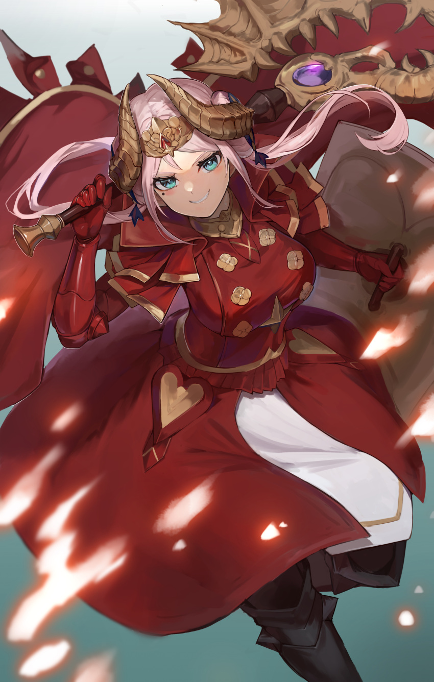 1girl absurdres armor axe aymr_(fire_emblem) blue_eyes blush breasts buttons cape cosplay double-breasted dress edelgard_von_hresvelg edelgard_von_hresvelg_(cosplay) fake_horns fire_emblem fire_emblem:_three_houses gloves hair_bun hair_ornament highres holding holding_axe holding_shield holding_weapon horned_headwear horns long_hair long_sleeves looking_at_viewer love_live! love_live!_nijigasaki_high_school_idol_club mole mole_under_eye pink_hair popupi_12 red_cape shield sidelocks smile solo swept_bangs two_side_up vambraces weapon zhong_lanzhu