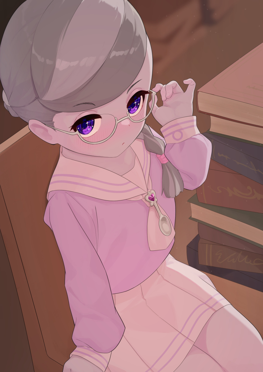 1girl absurdres adjusting_eyewear blush book book_stack braid closed_mouth dekasuji dress grey_hair highres legs_together looking_at_viewer my_little_pony my_little_pony:_equestria_girls my_little_pony:_friendship_is_magic on_chair pink_scrunchie purple_dress purple_eyes scrunchie silver_spoon single_braid sitting sparkling_eyes white-framed_eyewear