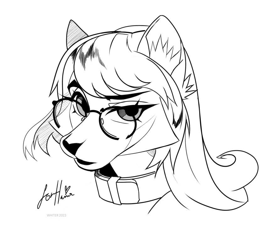 2023 anthro artist_name collar dated eyelashes eyewear female glasses hair hi_res inner_ear_fluff long_hair monochrome mouth_closed round_glasses simple_background solo tuft unknowhiter wearing_glasses