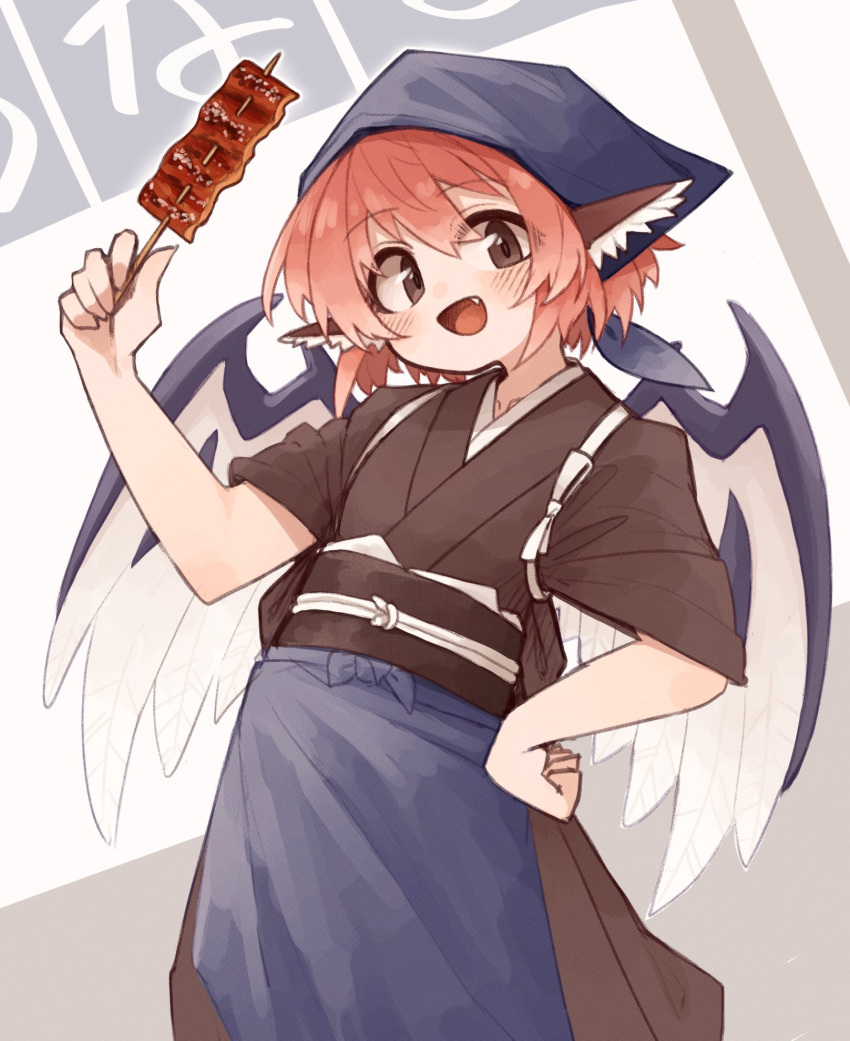 1girl animal_ears bird_ears bird_wings blue_headwear blush brown_eyes brown_kimono fang feathered_wings food hair_between_eyes head_scarf highres holding holding_food japanese_clothes kaginoni kimono mystia_lorelei okamisty open_mouth pink_hair short_hair short_sleeves smile solo touhou white_wings wings