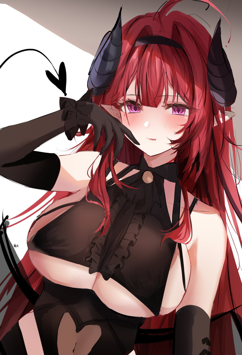 azur_lane bad_link bare_shoulders black_gloves black_horns center_frills clothing_cutout curled_horns demon_girl demon_horns elbow_gloves frills gloves heart heart_cutout heart_tail highres hindenburg_(azur_lane) horns looking_at_viewer navel_cutout purple_eyes red_hair slit_pupils suimo_(suimodayo) tail underboob_cutout upper_body