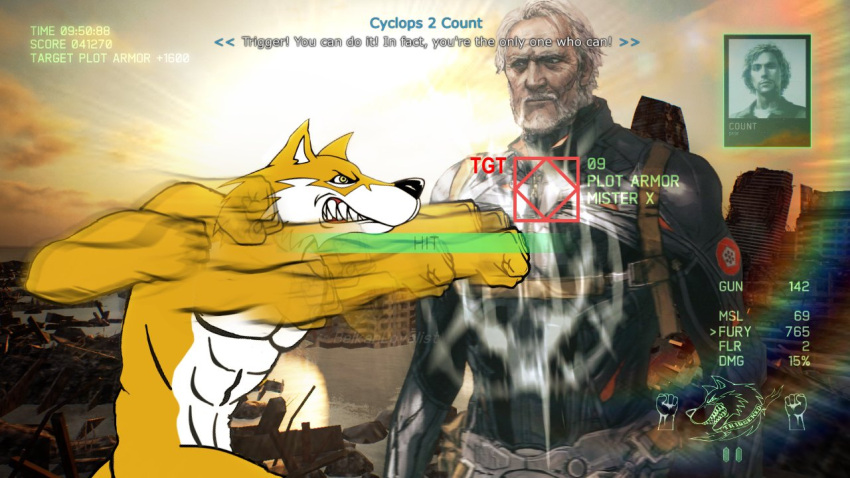 abs ace_combat ace_combat_7 anthro belkanloyalist_(artist) canid canine canis count_(ace_combat_7) english_text flight_suit gameplay_mechanics human konami lens_flare male mammal meme metal_gear metal_gear_(series) metal_gear_rising:_revengeance mihaly_a_shilage_(ace_combat_7) plot_armor raiden_punching_armstrong_(meme) subtitled text trigger_(ace_combat_7) wolf
