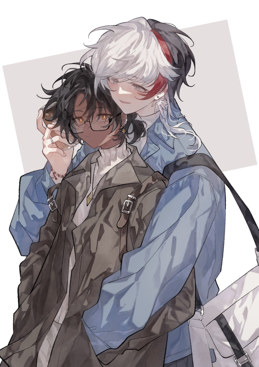 2boys absurdres alternate_costume arknights bag black_hair blue_jacket bracelet brown_eyes can casual chinese_commentary closed_mouth collared_jacket commentary dark-skinned_male dark_skin earclip earrings elysium_(arknights) expressionless glasses grey_eyes grey_jacket hand_in_another's_pocket hands_in_pockets highres holding holding_can hug hug_from_behind jacket jewelry long_sleeves male_focus multicolored_hair multiple_boys open_clothes open_jacket open_mouth pendant red_hair ring semi-rimless_eyewear shanzhamei23687 short_hair short_ponytail shoulder_bag smile sweater thorns_(arknights) turtleneck under-rim_eyewear upper_body white_hair white_sweater yaoi