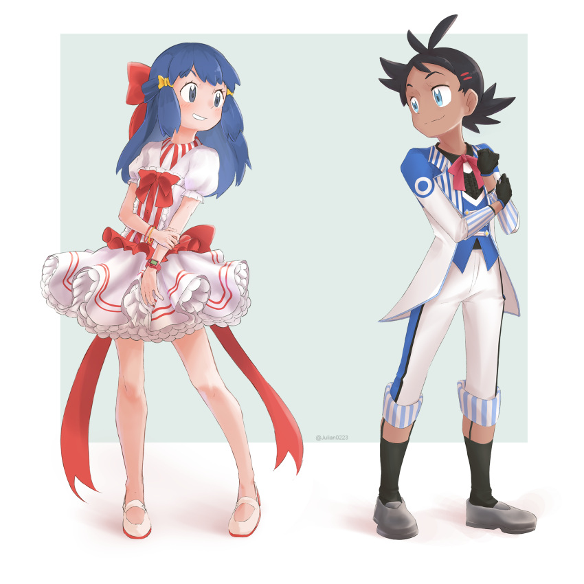 1boy 1girl black_gloves black_hair blue_eyes blue_hair bow bowtie commentary commission dawn_(pokemon) dress frilled_dress frills gloves goh_(pokemon) highres julian0223 pokemon pokemon_(anime) pokemon_(game) pokemon_bdsp pokemon_journeys red_bow red_bowtie red_ribbon ribbon