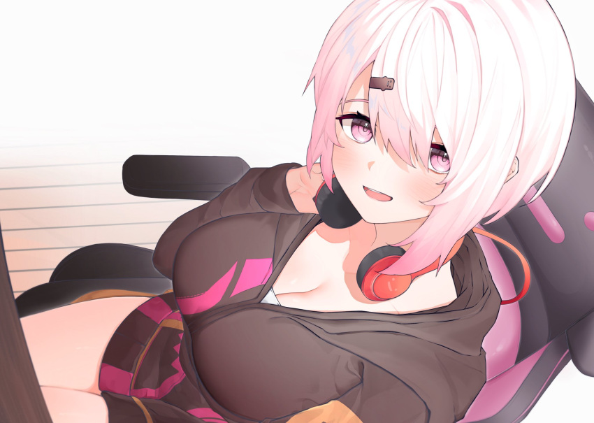 1girl black_hoodie breasts chair cleavage from_above gaming_chair gradient_hair hair_ornament hairclip headphones headphones_around_neck highres hood hoodie ko_me_9 large_breasts long_hair long_sleeves looking_at_viewer multicolored_hair nijisanji open_mouth pink_eyes pink_hair shiina_yuika solo swivel_chair virtual_youtuber white_hair wooden_floor