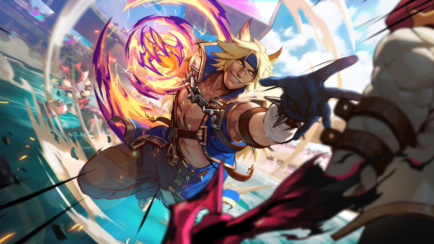 1boy animal_ears belt black_gloves blonde_hair blue_headband blue_jacket brown_pants chain cloud collarbone colored_skin day gloves glowing glowing_hand grin headband highres jacket league_of_legends muscular muscular_male official_art open_clothes open_jacket outdoors pants red_skin sett_(league_of_legends) smile solo_focus soul_fighter_sett teeth yellow_eyes