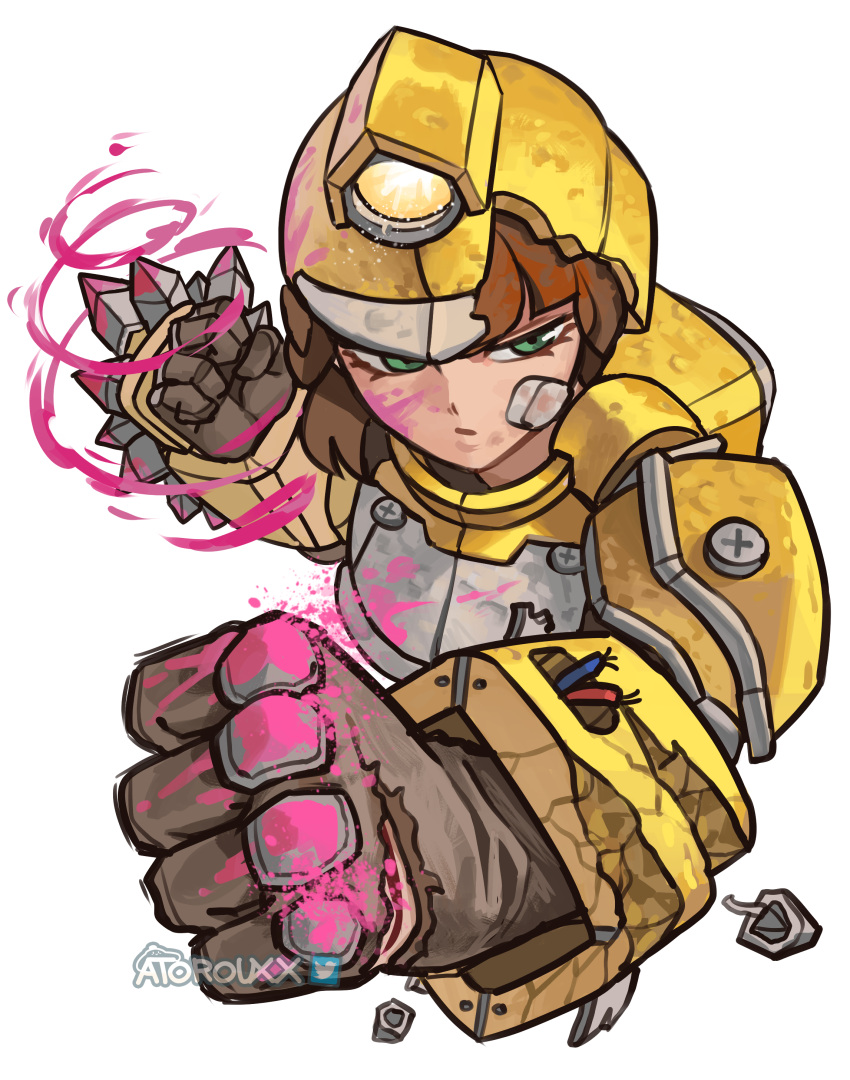 1girl absurdres armor atoroux bandage_on_face bandages battle_damage blood blood_on_face blood_on_hands brown_hair clenched_hands deep_rock_galactic drill driller_(deep_rock_galactic) green_eyes highres injury mining_helmet pink_blood simple_background solo upper_body