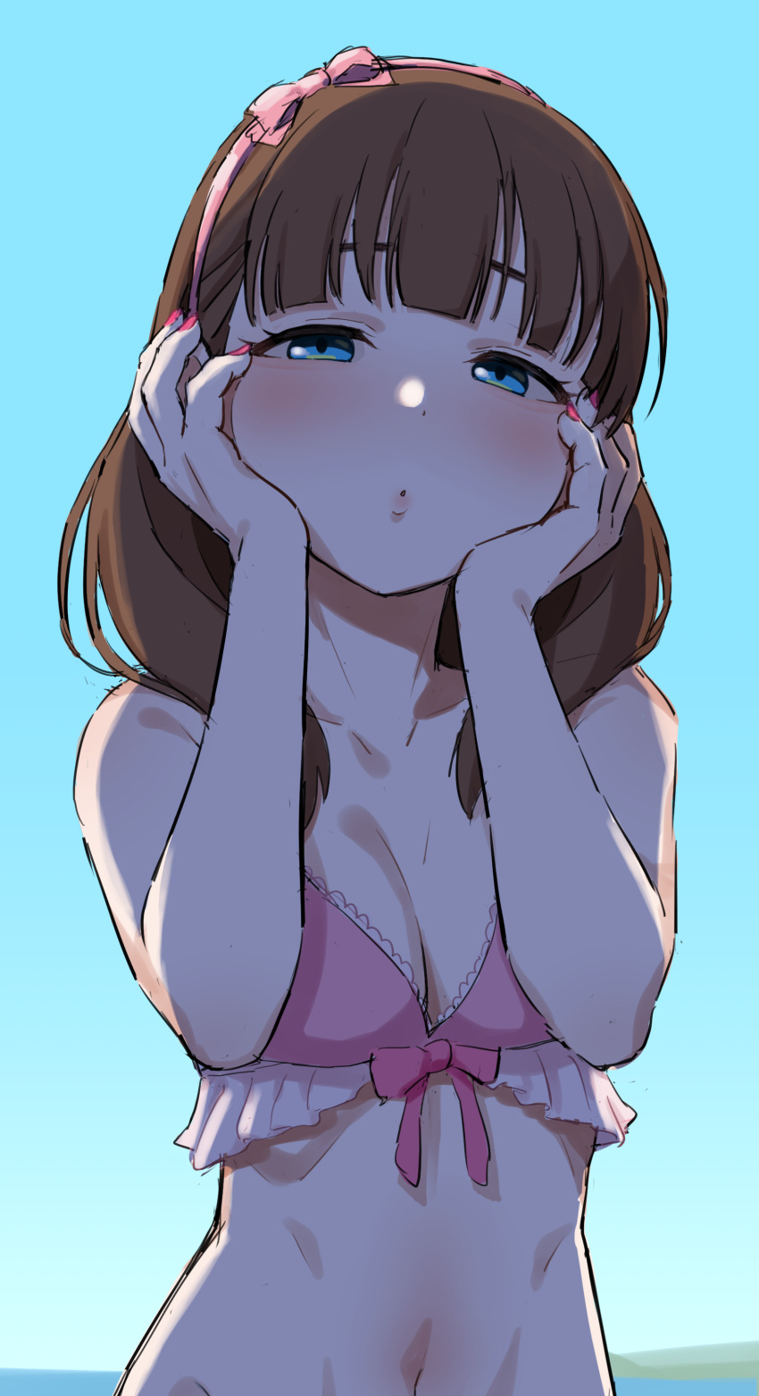 1girl :o absurdres bikini blue_eyes blue_sky blush breasts brown_hair chelle_ingham cleavage collarbone commentary_request day fingernails hairband hands_on_own_cheeks hands_on_own_face highres idolmaster idolmaster_cinderella_girls looking_at_viewer medium_breasts nail_polish navel outdoors pink_bikini pink_hairband pink_nails sakuma_mayu short_hair sky solo swimsuit upper_body