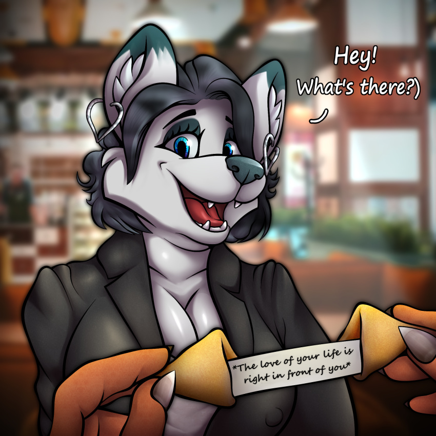 anthro big_breasts blue_eyes breasts cafe cafeteria canid canine canis clothing coat cookie cute_eyes dark_hair domestic_dog duo ear_piercing ear_ring english_text eyeshadow female food fortune_cookie fox fur green_body green_fur grey_body grey_fur hi_res husky jebbthefoxy jebby love makeup male male/female mammal mature_female nordic_sled_dog overweight piercing red_body red_fur ring_piercing rui_(jebbthefoxy) smile spitz text topwear white_body white_fur