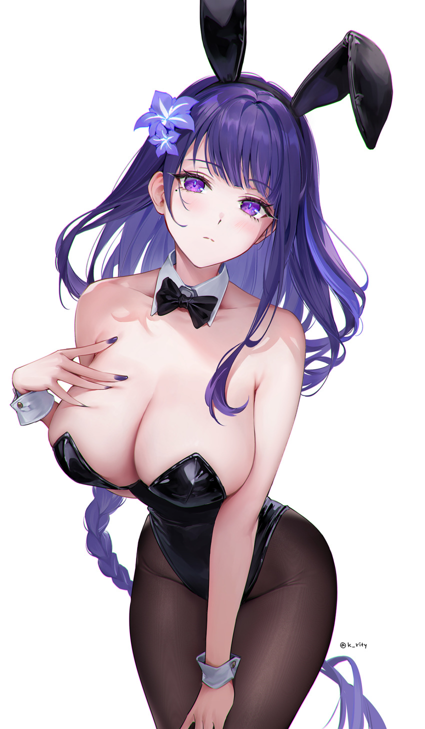 1girl animal_ears bare_shoulders black_bow black_bowtie black_leotard bow bowtie braid braided_ponytail breast_suppress breasts cleavage closed_mouth collarbone cowboy_shot detached_collar fake_animal_ears flower genshin_impact hair_flower hair_ornament hand_on_own_chest hand_on_own_thigh highres large_breasts leaning_forward leotard long_hair looking_at_viewer mole mole_under_eye pantyhose playboy_bunny purple_eyes purple_hair purple_nails rabbit_ears raiden_shogun rity shiny_clothes simple_background skindentation solo strapless strapless_leotard twitter_username very_long_hair white_background wrist_cuffs