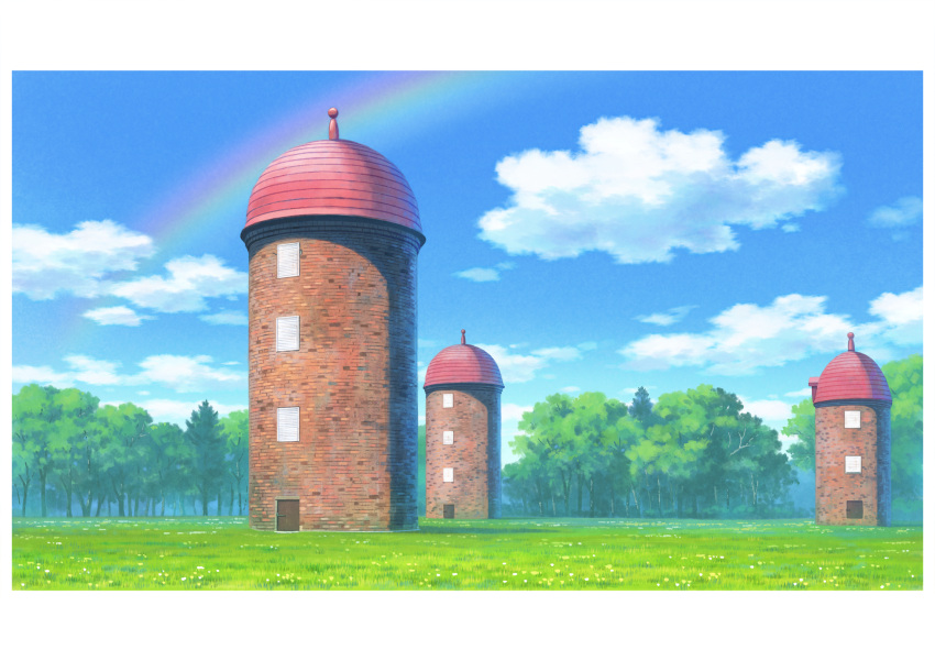 brick_wall building cloud grass hariken highres no_humans original outdoors rainbow scenery still_life tree water_tower