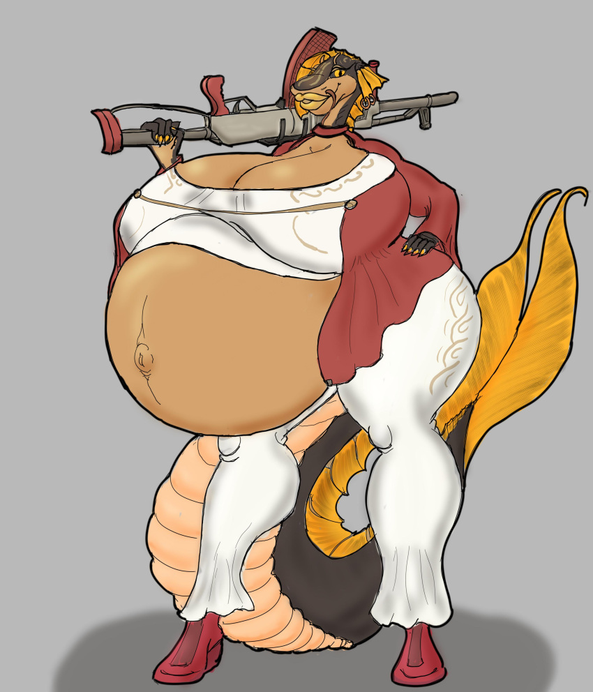 absurd_res anthro big_breasts breasts catfish clothing desertranger8 desertranger8_(artist) female fish hi_res huge_breasts marine mature_female pregnant solo thick_thighs weapon