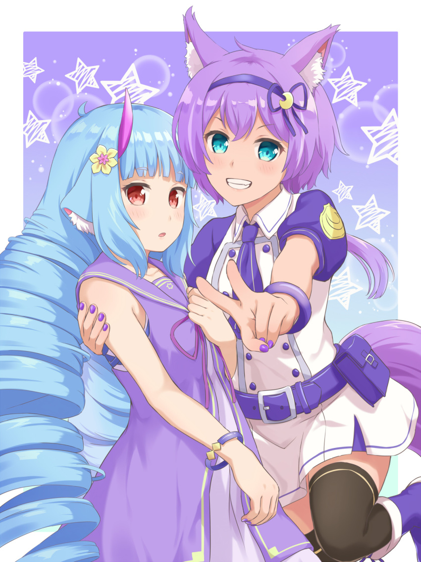 accessory animal_humanoid blue_hair blush canid canid_humanoid canine canine_humanoid canis clothing colored_nails delmin_(show_by_rock!!) demon dragon dragon_humanoid duo female flower flower_in_hair fluffy_ears green_eyes hair hair_accessory hi_res horn horned_humanoid humanoid legwear long_hair machikado07 mammal mammal_humanoid nails open_mouth pantyhose plant purple_hair red_eyes ruhuyu_(show_by_rock!!) sanrio short_hair show_by_rock!! simple_background star wolf wolf_humanoid