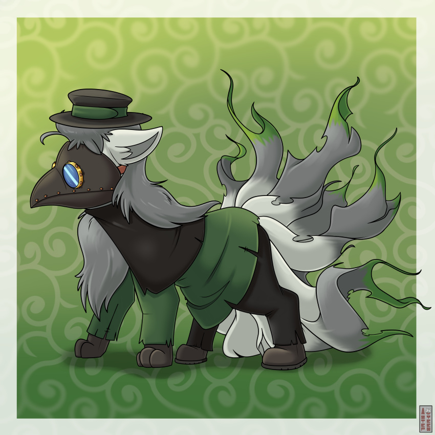 1:1 2023 absurd_res aztepyeen black_clothing blue_clothing brown_clothing cape clothing feral fur generation_1_pokemon green_body green_clothing green_fur green_tail grey_body grey_ears grey_fur grey_hair grey_tail hair hat headgear headwear hi_res izanaki_(hiroyuki_inku) long_hair multicolored_body multicolored_fur ninetales nintendo paws pokemon pokemon_(species) quadruped signature solo tail two_tone_body two_tone_fur two_tone_tail watermark white_body white_ears white_fur white_tail yellow_clothing