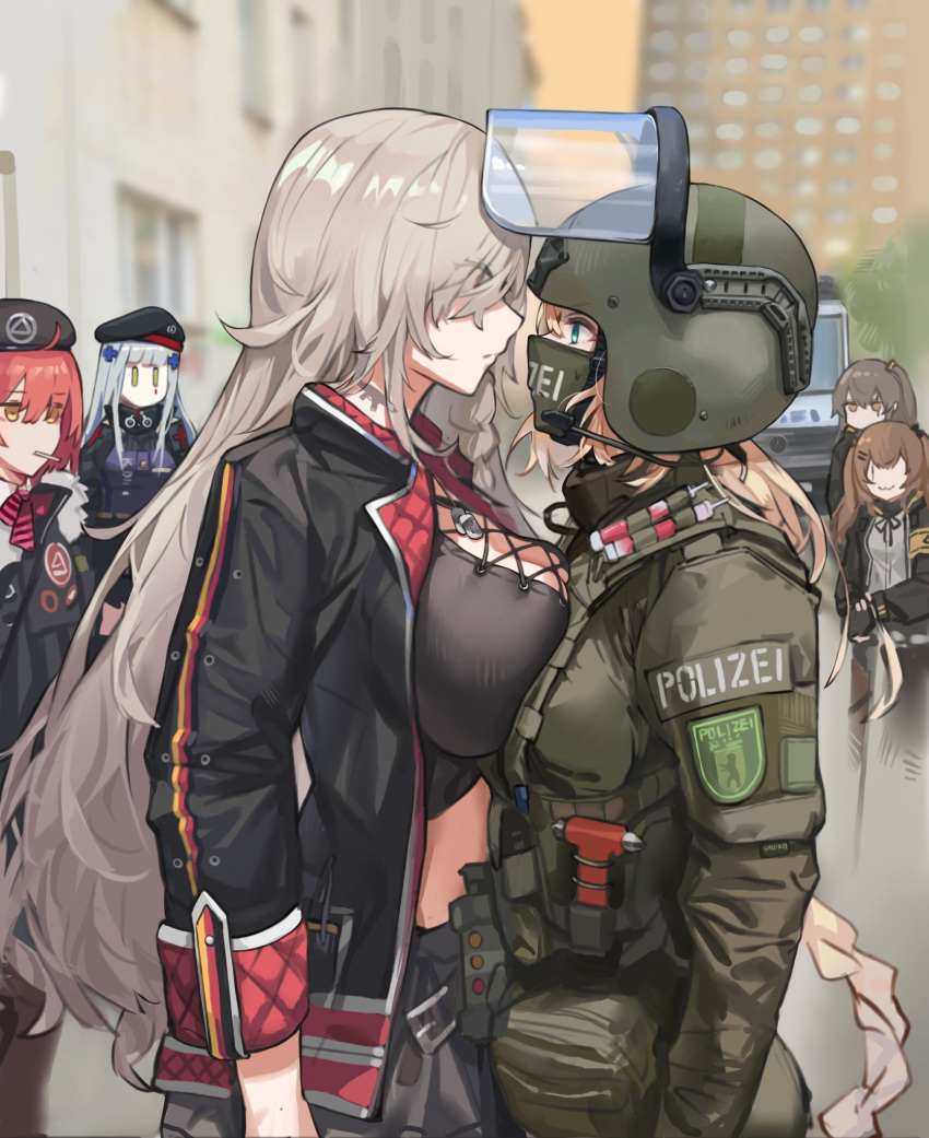 6+girls asymmetrical_docking black_jacket breast_press cross-laced_clothes eye_contact g36_(girls'_frontline) g36c_(girls'_frontline) girls'_frontline grey_hair headset helmet highres hk416_(girls'_frontline) jacket long_hair looking_at_another military military_helmet military_uniform mp7_(girls'_frontline) multiple_girls outdoors photo-referenced sawkm ump45_(girls'_frontline) ump9_(girls'_frontline) uniform very_long_hair