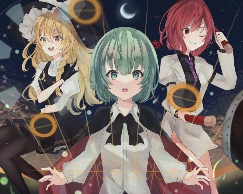 3girls absurdres antennae black_bow black_gloves black_pantyhose black_shirt black_skirt black_vest blonde_hair blush bow braid cloak collared_shirt crescent_moon dot_nose dress_shirt drum drumsticks eyelashes gloves green_eyes grey_hair hat hat_bow highres holding holding_drumsticks horikawa_raiko instrument jacket kirisame_marisa light_particles long_hair long_sleeves mitsu_sakura moon multiple_girls necktie one_eye_closed open_mouth pantyhose purple_necktie red_eyes shirt short_hair skirt smile taiko_drum taiko_sticks teeth touhou upper_teeth_only vest white_bow white_jacket white_skirt wriggle_nightbug yellow_eyes