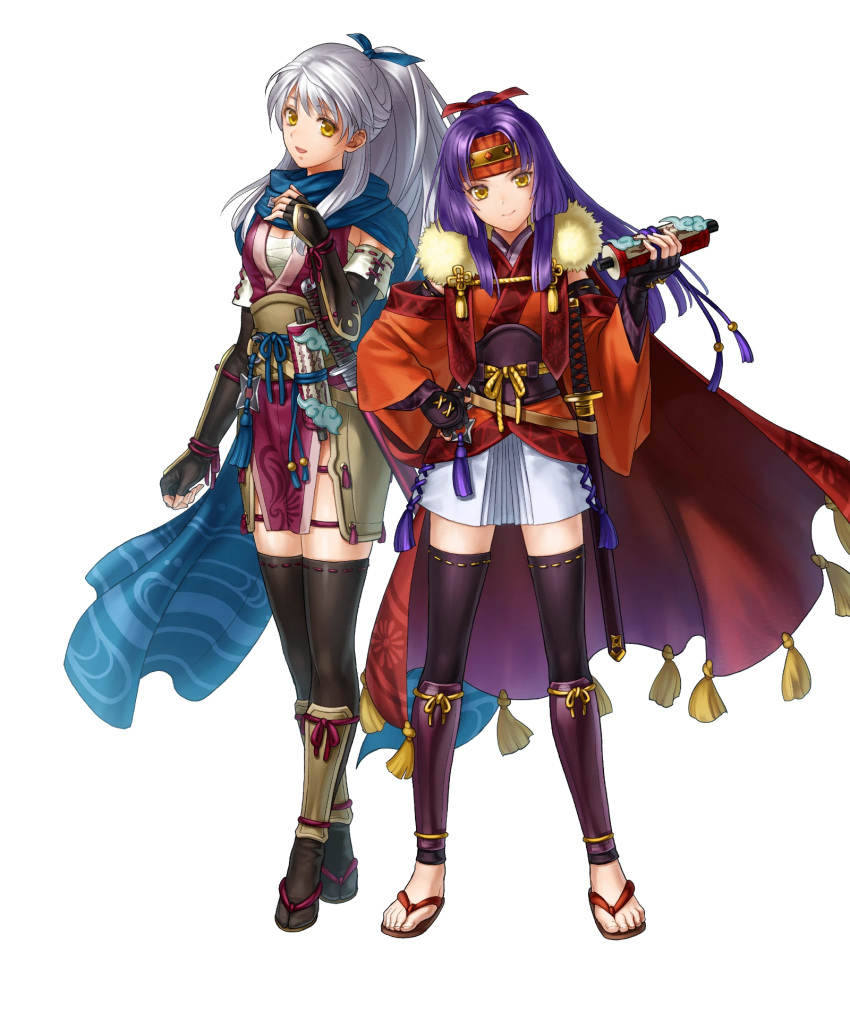 2girls arm_guards black_gloves black_thighhighs fingerless_gloves fire_emblem fire_emblem:_radiant_dawn fire_emblem_heroes gloves hair_ribbon hand_on_own_chest headband highres holding holding_scroll japanese_clothes kita_senri long_hair looking_at_viewer micaiah_(fire_emblem) micaiah_(ninja)_(fire_emblem) multiple_girls ninja non-web_source official_alternate_costume official_alternate_hairstyle official_art ponytail purple_hair ribbon sanaki_kirsch_altina sanaki_kirsch_altina_(ninja) scarf scroll smile thighhighs white_background white_hair yellow_eyes zettai_ryouiki