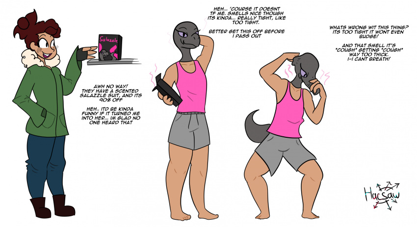 clothed clothing colored dialogue english_text female generation_7_pokemon growth hacsaw hi_res human mammal mask mid_transformation nintendo pokemon pokemon_(species) salazzle scent signature simple_background solo species_transformation tail_growth text transformation