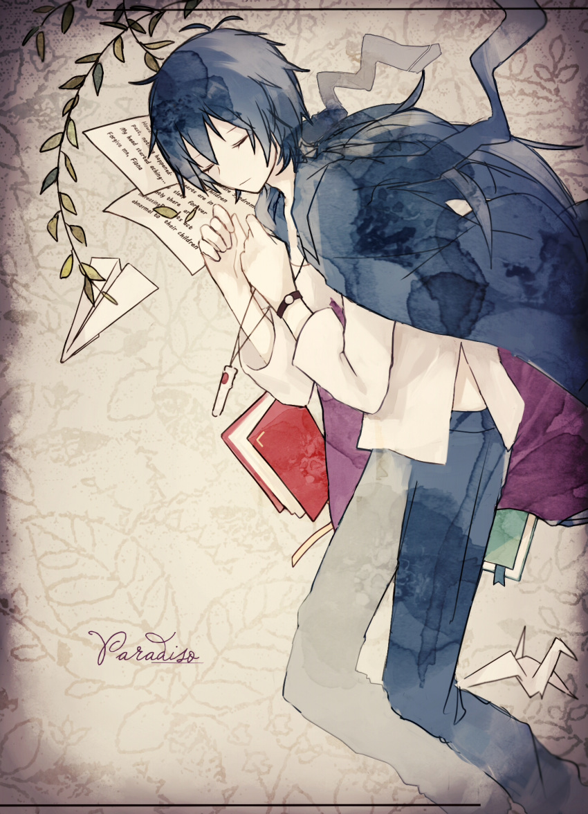 1boy alicemare black_cape black_hair blue_pants book cape closed_eyes closed_mouth highres jewelry long_sleeves male_focus necklace origami pale_skin pants paper paper_airplane paper_crane sensei_(alicemare) shiro_kunugi shirt short_hair solo watch white_shirt wristwatch