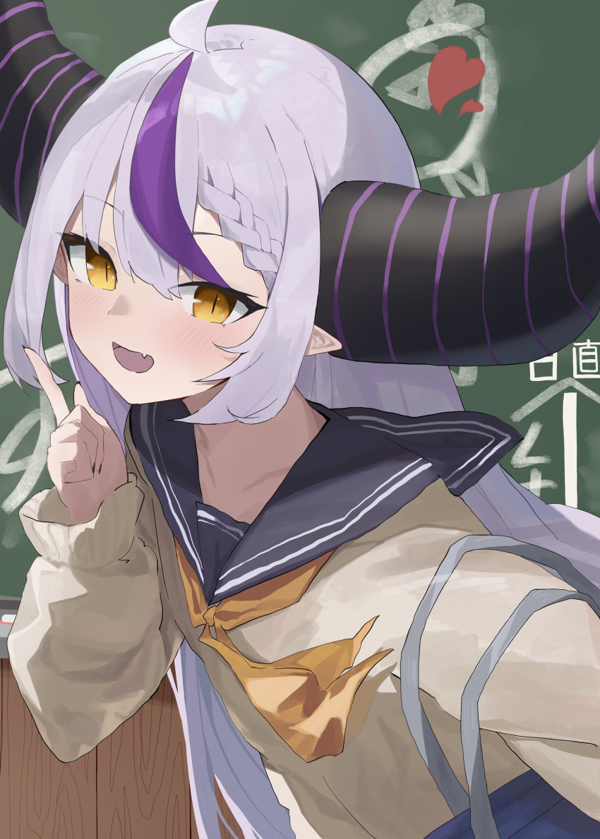 absurdres ahoge black_horns braid braided_bangs evening_rabbit fang grey_hair highres hololive horns la+_darknesss multicolored_hair pointy_ears purple_hair school_uniform skin_fang streaked_hair striped_horns yellow_eyes