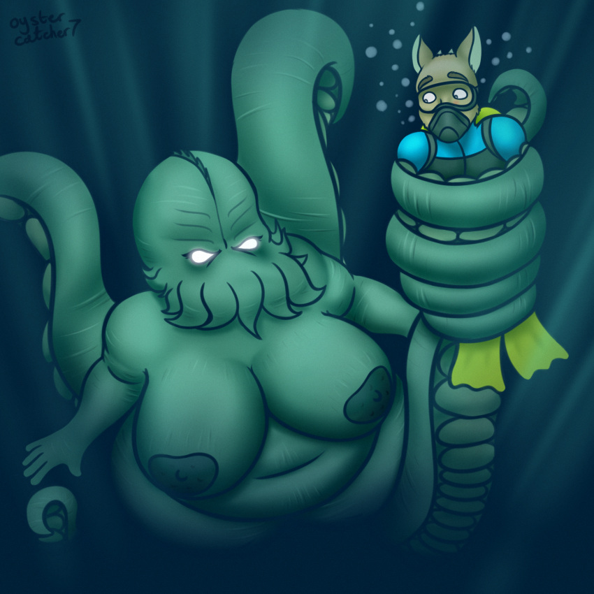 abyss anthro areola belly big_areola big_breasts breasts cephalopod coiling coleoid cthulhu cthulhu_mythos cuttlefish decapodiform duo female h.p._lovecraft hi_res joey_(oystercatcher7) lovecraftian_(genre) macro male marine mollusk nipples overweight oystercatcher7 sea size_difference tentacles underwater water wide_hips