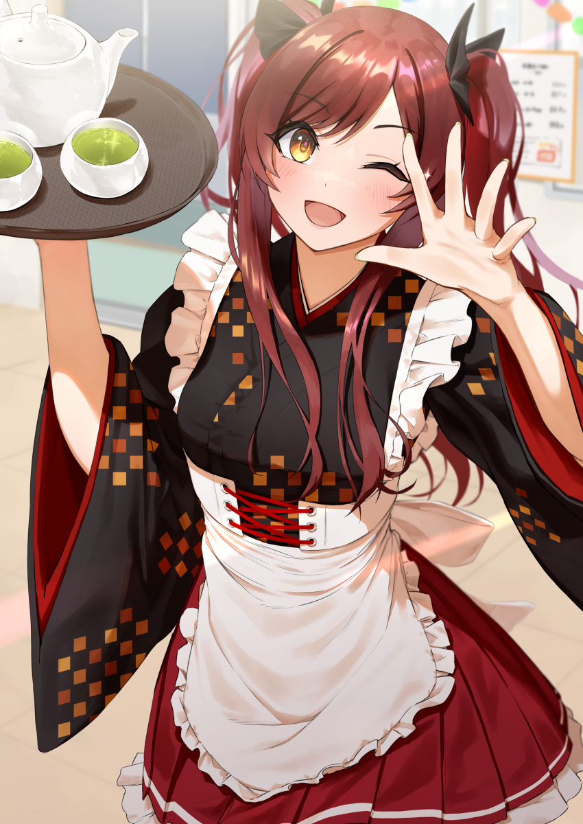 1girl absurdres alternate_hairstyle apron black_kimono blush checkered_clothes checkered_kimono cup frilled_apron frills green_tea hair_ribbon hand_up highres holding holding_tray idolmaster idolmaster_shiny_colors indoors japanese_clothes kaiso_(kaisooekaki) kimono kimono_skirt long_hair long_sleeves looking_at_viewer one_eye_closed open_mouth osaki_amana pleated_skirt red_hair red_skirt ribbon skirt smile solo standing swept_bangs tea teacup teapot tray twintails waitress white_apron wide_sleeves yellow_eyes