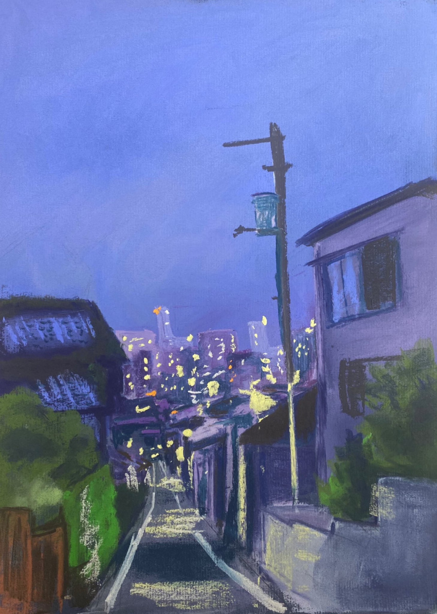 apartment blue_sky building city city_lights cityscape highres light no_humans original painting_(medium) sakaue111 scenery sky traditional_media utility_pole watercolor_(medium) window