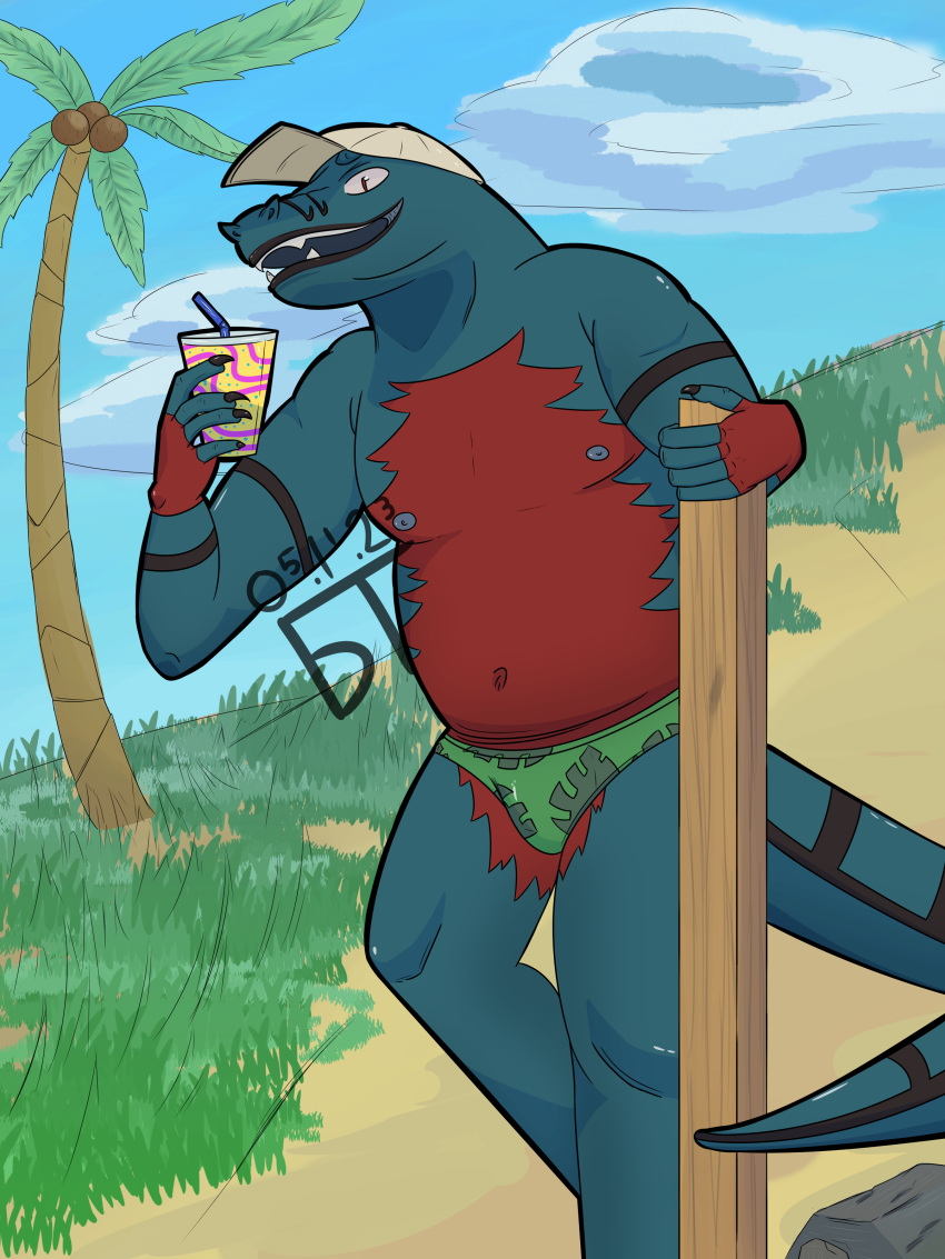 absurd_res anthro baryonyx beverage black_lips blue_body blue_scales briefthief claws clothed clothing countershade_torso countershading detailed_background dinosaur fingerless_(marking) fossil_fighters hat headgear headwear hi_res lips male markings nipples open_mouth outside palm_tree partially_clothed plant red_body red_scales reptile scales scalie sky slightly_chubby smile solo speedo spinosaurid swimwear tail tail_markings teeth theropod tree