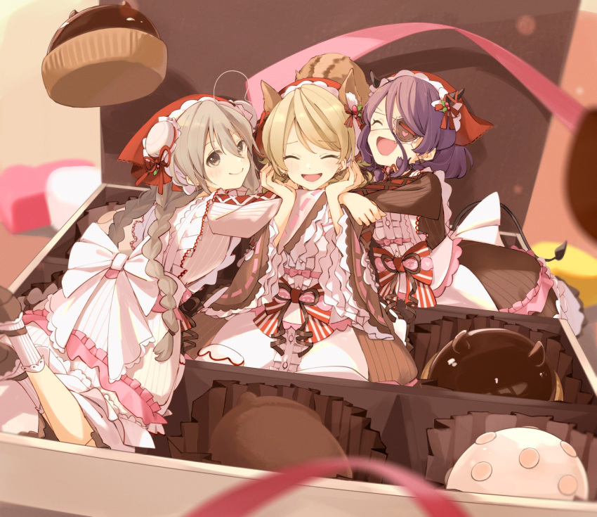 3girls ahoge animal_ears beaky45779868 blonde_hair chocolate dress drill_hair eyepatch frilled_dress frills grey_hair hayasaka_mirei highres hoshi_syoko idolmaster idolmaster_cinderella_girls idolmaster_cinderella_girls_starlight_stage looking_at_viewer morikubo_nono multiple_girls purple_hair ribbon short_hair smile squirrel_ears squirrel_tail tail