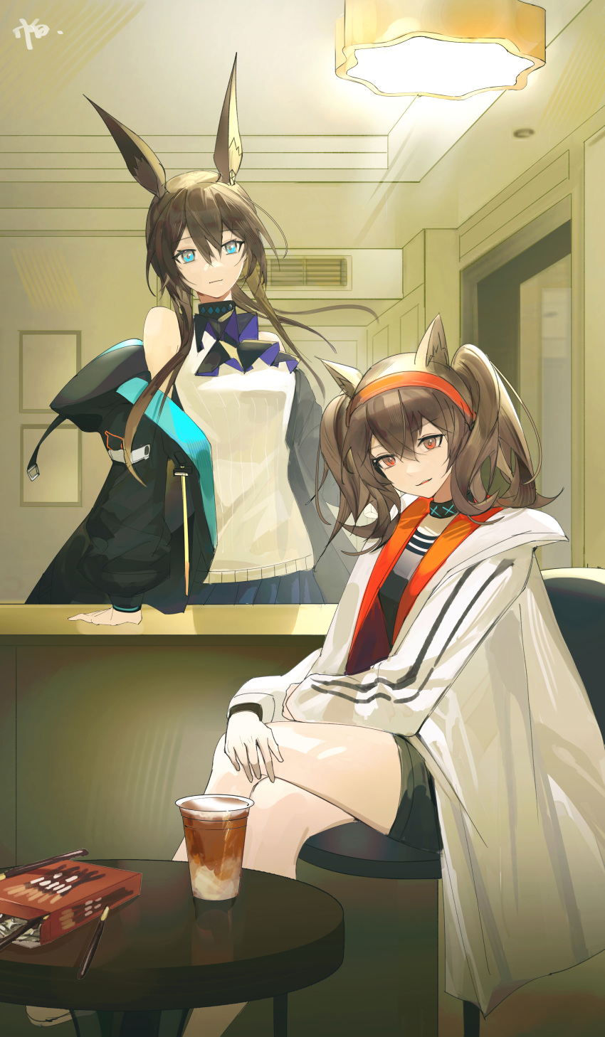 2girls absurdres amiya_(arknights) angelina_(arknights) animal_ear_fluff animal_ears arknights ascot bangs bare_legs bare_shoulders black_ascot black_coat black_shorts blue_eyes blue_skirt brown_hair chair coat collar crossed_legs cup disposable_cup duohelengshuiba food fox_ears hairband highres indoors infection_monitor_(arknights) jacket long_hair long_sleeves looking_at_viewer multiple_girls navel off_shoulder open_clothes open_coat open_jacket parted_lips pocky red_eyes red_hairband red_jacket shirt shorts sitting skirt smile standing twintails white_coat white_shirt