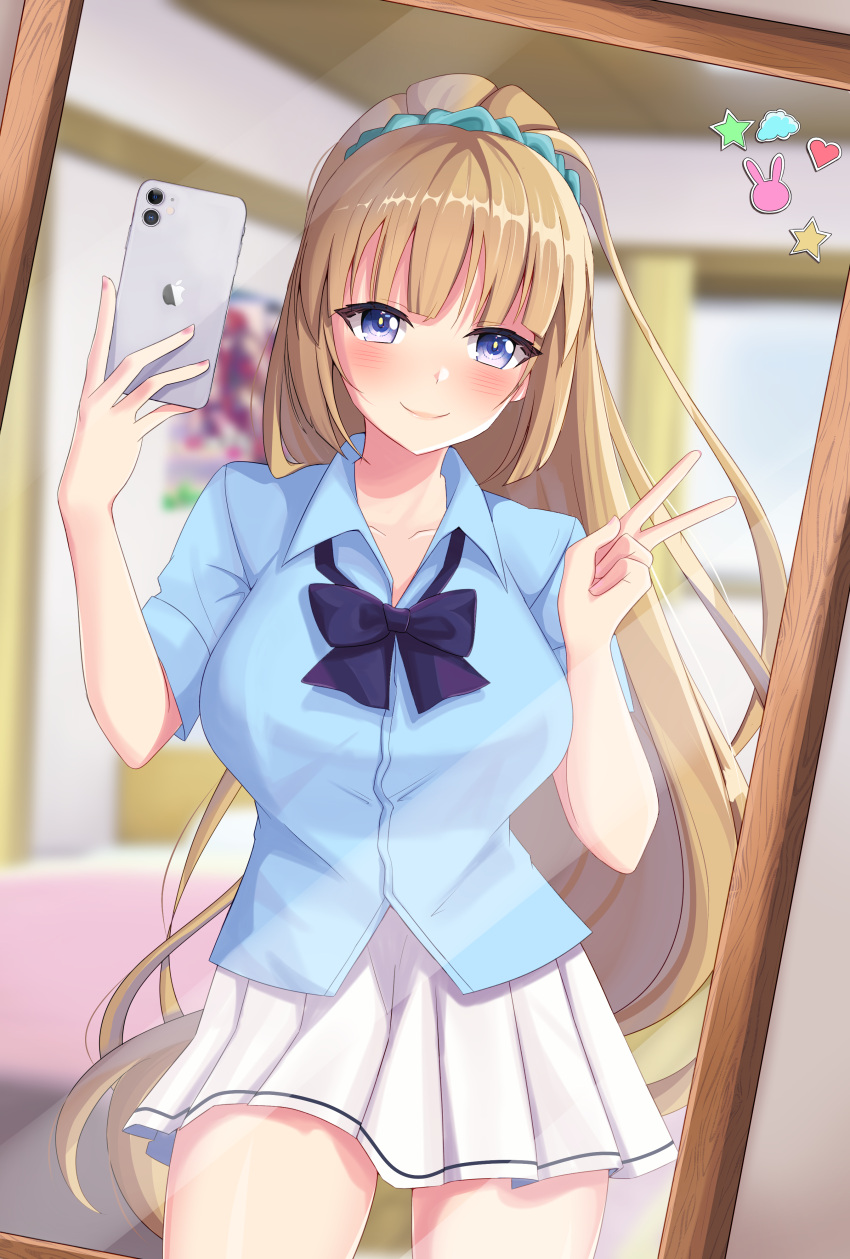 1girl absurdres black_bow black_bowtie blonde_hair blue_eyes blue_shirt blurry blurry_background blush bow bowtie breasts collared_shirt cowboy_shot gyaru heart highres holding holding_phone karuizawa_kei kogal long_hair mirror miwapeito phone pleated_skirt selfie shirt skirt solo star_(symbol) thighs v white_skirt youkoso_jitsuryoku_shijou_shugi_no_kyoushitsu_e