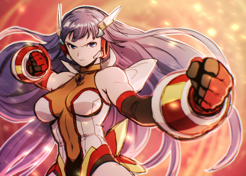 1girl aoba_(smartbeat) biceps breasts cleavage cosplay covered_navel ear_covers fate/grand_order fate_(series) fighting_stance gauntlets gloves hair_ornament highres large_breasts leotard long_hair looking_at_viewer martha_(fate) purple_hair red_gloves revision see-through see-through_cleavage senki_zesshou_symphogear solo tachibana_hibiki_(symphogear) tachibana_hibiki_(symphogear)_(cosplay) toned white_leotard