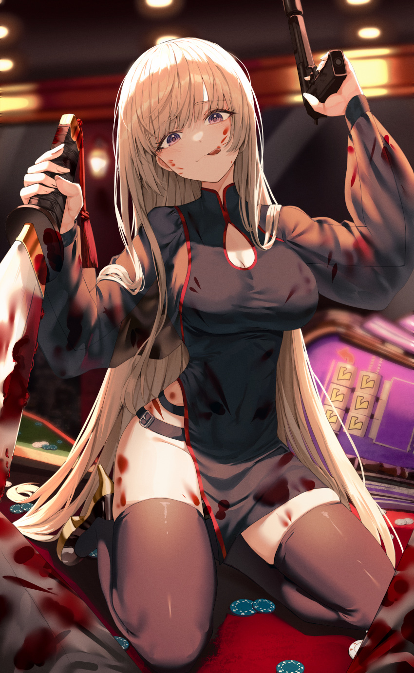 1girl :q absurdres arm_up belt black_dress black_thighhighs blonde_hair blood blood_on_clothes blood_on_face blood_on_leg blood_splatter breasts casino china_dress chinese_clothes cleavage cleavage_cutout clothing_cutout dress english_commentary fingernails foreshortening gun handgun high_heels highres holding holding_gun holding_sword holding_weapon indoors jisu_lee large_breasts licking_lips long_fingernails long_hair long_sleeves looking_at_viewer original poker_chip purple_eyes see-through seiza side_slit sitting skindentation solo suppressor sword thighhighs tongue tongue_out very_long_hair weapon yellow_footwear