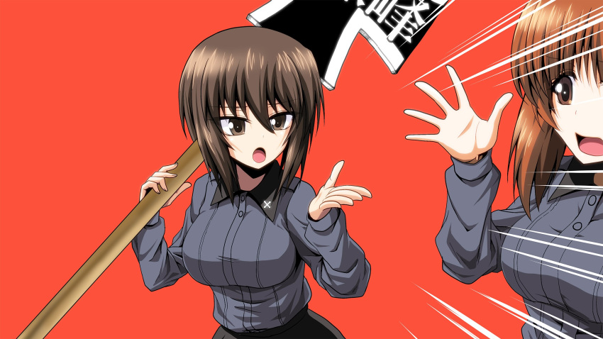 2girls black_skirt brown_eyes brown_hair commentary_request dress_shirt emblem emphasis_lines frown girls_und_panzer grey_shirt highres holding holding_sign insignia kamishima_kanon kuromorimine_(emblem) kuromorimine_school_uniform long_sleeves looking_at_another multiple_girls nishizumi_maho nishizumi_miho open_mouth over_shoulder red_background school_uniform shirt short_hair siblings sign simple_background sisters skirt standing tracen_ondo_(song) wing_collar