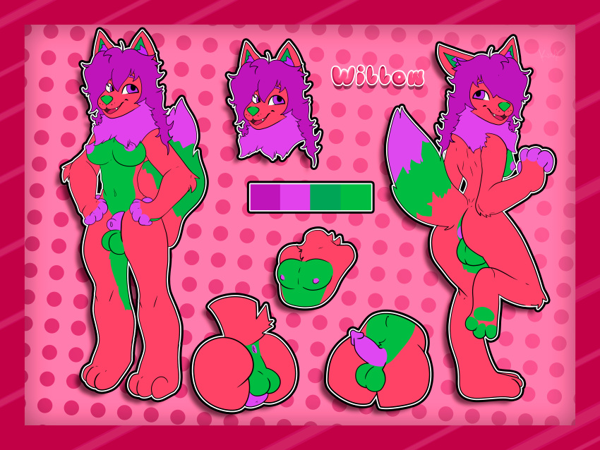 absurd_res anthro balls butt canid canine female fox genitals green_chest hair hi_res humanoid_genitalia humanoid_penis intersex krizuniverzus mammal model_sheet penis purple_eyes purple_hair solo zadi_watermelon