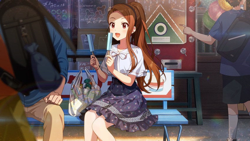 1girl brown_eyes brown_hair double_popsicle happy holding_popsicle idolmaster idolmaster_(classic) idolmaster_million_live! idolmaster_million_live!_theater_days long_hair minase_iori official_art open_mouth ponytail sitting sitting_on_bench